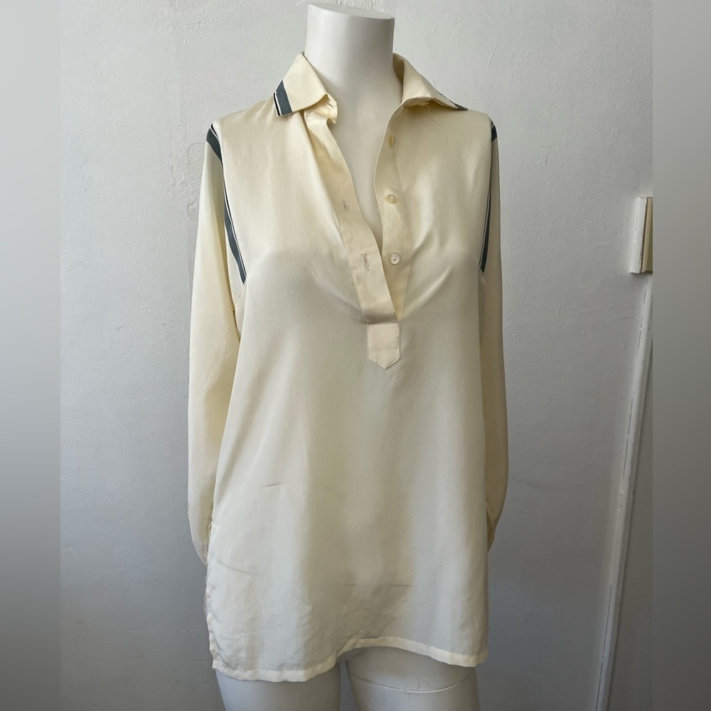 Serge Nancel Paris ivory blue trim Long Sleeves Collared Popover blouse size 38